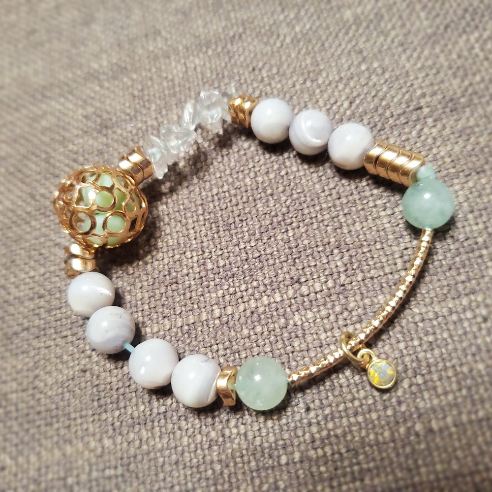 Genuine A+ Gemstone Stacking Bracelet w/ Aquamarine, Clear Quartz & Mom of Pearl